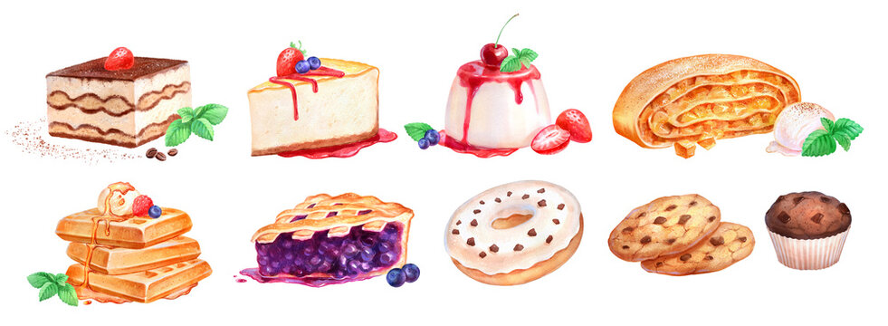 Hand painted watercolor illustration collection of Desserts on white background