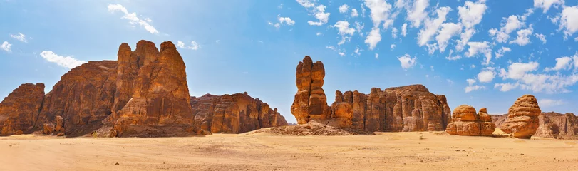 Foto op Plexiglas Rocky desert formations with sand in foreground, typical landscape of Al Ula, Saudi Arabia. High resolution panorama © Lubo Ivanko
