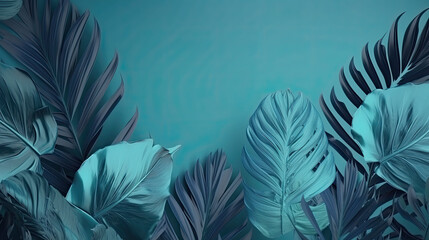 Fototapeta na wymiar Collection of tropical leaves, foliage plant in blue color with space background, generative ai