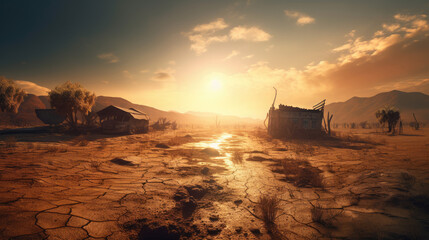 global warming and drought. thirst. post apocalyptic world. realistic lanscape photography dsrl, generative ai