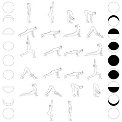 silhouette femme faisant du sport. Collection de posture de yoga. Asana set. Evolution des phases de la lune