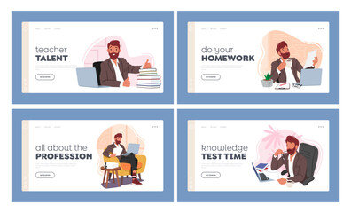 Teacher Life Landing Page Template Set. Male Tutor Checking Homework, Prepare Tutorial Plans and Educational Materials