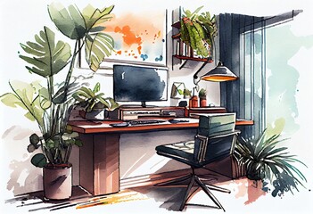 Watercolor Illustration of a A Sleek And Stylish Modern Home Office With A Computer And Plants. Generative AI