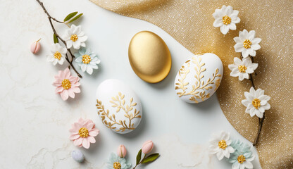 Modern easter flatlay with gold decorated eggs and flowers generative ai