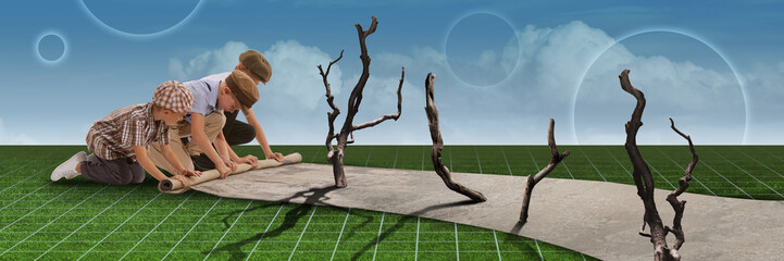 Little boys, kids in retro clothes playing together rolling carpet over abstract grass and sky...