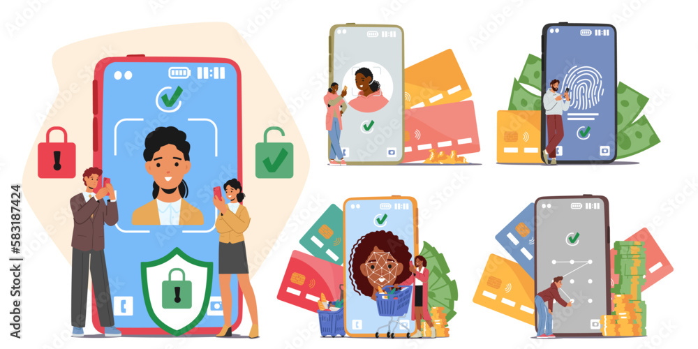 Poster set tiny characters insert personal data on phone screen. concept of data protection, cybersecurity 