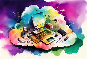 Watercolor Illustration of a Cloud Computing Technology Concept Background, Digital Illustration. Generative AI