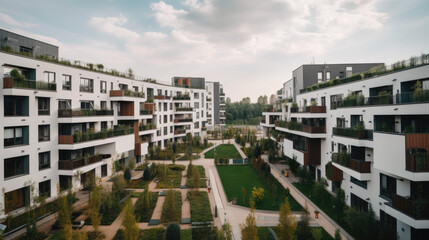Modern apartment buildings in a green residential area in the city, generative ai