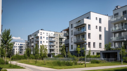 Modern apartment buildings in a green residential area in the city, generative ai