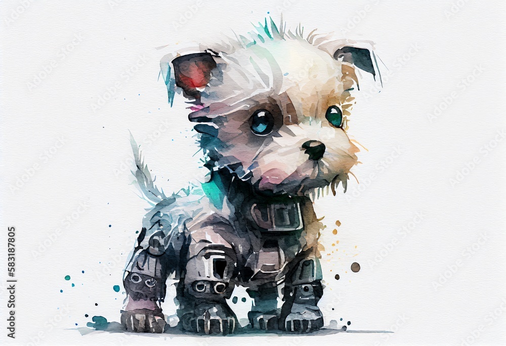 Poster watercolor illustration of a cute robotic puppy isolated on large empty background. white happy litt