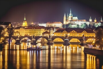 Naklejka na ściany i meble Magical Prague Skyline at Night: Illuminated Castle, Charles Bridge, and Old Town, AI-Generated