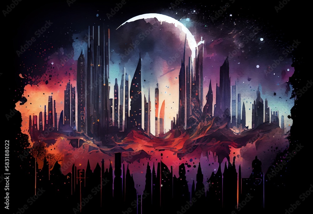 Canvas Prints watercolor illustration of a futuristic night city skyline. generative ai