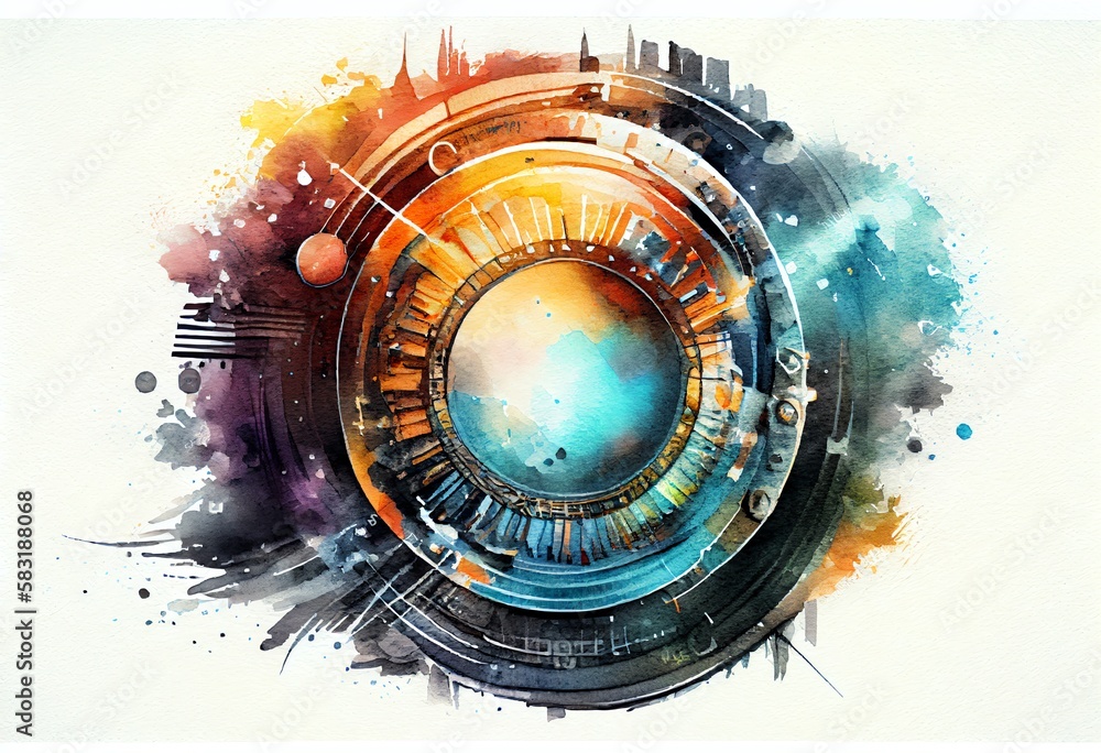 Poster watercolor illustration of a futuristic technology concept. circular hud element virtual reality of 
