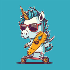 Unicorn with sunglasses and a skateboard on a blue background