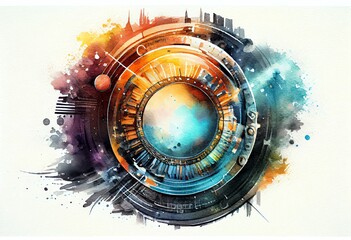 Watercolor Illustration of a Futuristic Technology Concept. Circular Hud Element Virtual Reality Of Big Data. Cyber System Security For Technology Business . Sublime Image. Generative AI