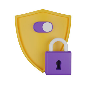 3D shield secure icon, password lock authentication render concept, secret personal data protection. Antivirus badge, internet fraud security safe clipart, VPN slider button. 3D shield padlock design
