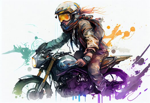 Watercolor Illustration of a Futuristic Biker With His Motorcycle. Generative AI