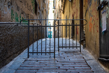 Railing blocking a quiet, Italian brick walkway.
