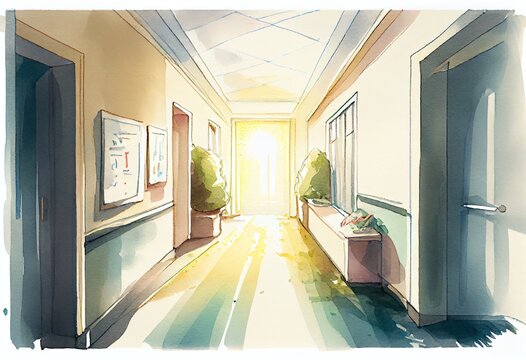 Watercolor Illustration of a Hospital Corridor,Digital Illustration. Generative AI