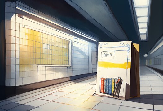 Watercolor Illustration of a Ilustration, Empty Advertisement Light Box On The Underground Subway Hall. Generative AI