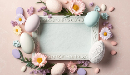 Naklejka na ściany i meble Blank white frame with pastel eggs and flowers text and graphics ready generative ai