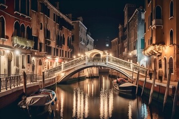 Obraz na płótnie Canvas Breathtaking Venice Nightscape: Soft Glow of Lights Reflecting on Canals and Historic Bridges, AI-Generated
