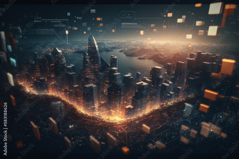 Leinwandbilder wireless network and big data technology in smart city with cityscape background. generative ai