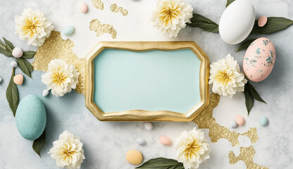 Fototapeta na wymiar Gold and aqua blank frame easter themed with eggs and flowers generative ai