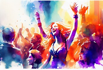 Watercolor Illustration of a Party People Enjoy Concert By Dancing In Nightclub Party. Generative AI