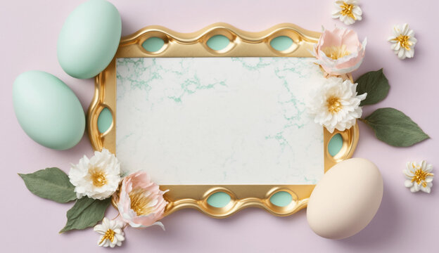 Blank gold frame with aqua eggs and white flowers easter theme generative ai