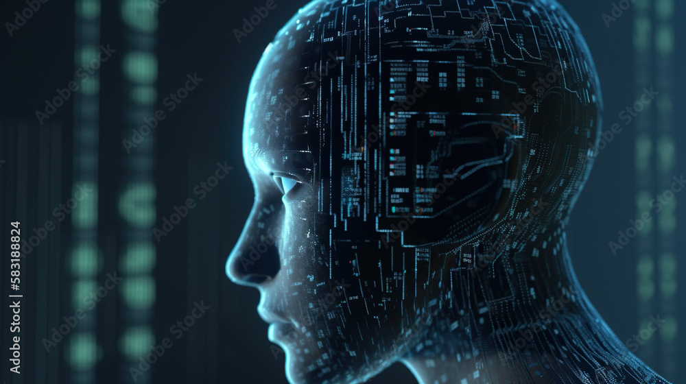 Aufkleber generative ai illustration of artificial intelligence concept with human head and binary code