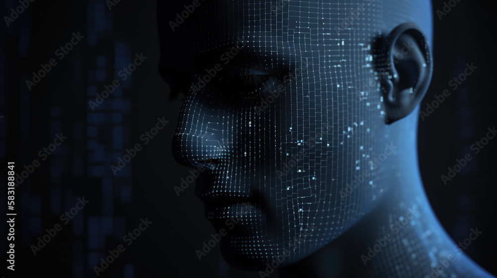 Poster generative ai illustration of cyborg face with binary code on black background