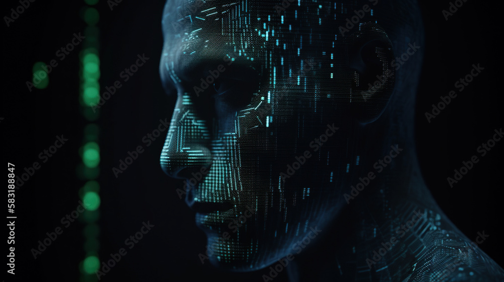 Wall mural generative ai of cyborg head with binary code and digital background