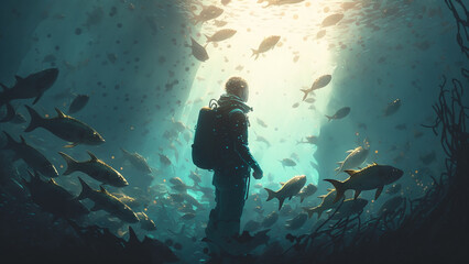 Diver surrounded by many fish under the water, Digital Art Style, Generative AI
