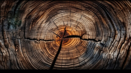 saw cut texture with annual rings and cracks. old tree stump as background, generative ai