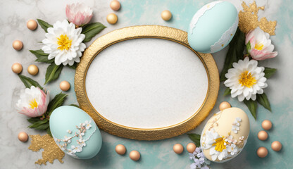 Fototapeta na wymiar Gold blank frame for easter with pastel eggs and flowers white space for copy or graphics Generative ai