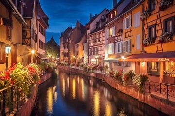 Fairy-Tale Night in Colmar, France: Charming Streets and Colorful Half-Timbered Houses in Warm Light, AI-Generated