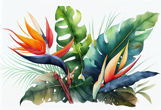 Watercolor Illustration of a Tropical Leaves With Bird Of Paradise, Jungle Background, Illustration. Generative AI
