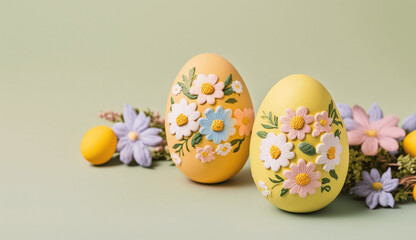 Pastel eggs and flowers easter background space for text  generative ai