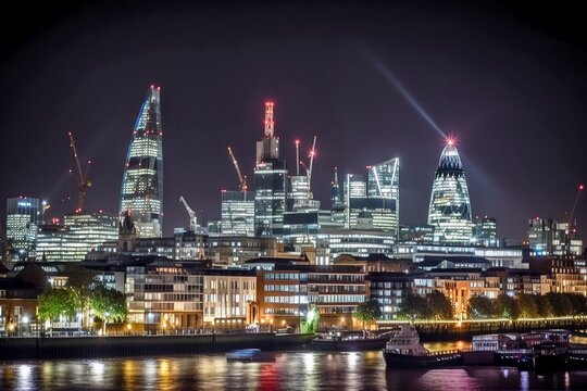 Striking London Skyline at Night: Historic and Modern Architecture, Illuminated Landmarks, AI-Generated