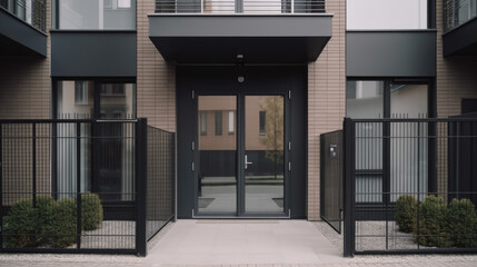 View to entrance door of a modern residential building with new apartments in the city, generative ai - obrazy, fototapety, plakaty