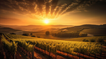 Vineyards at sunset, generative ai