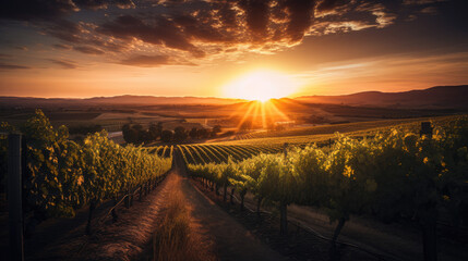 Vineyards at sunset, generative ai
