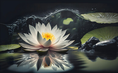 Lovely flowers White Nymphaea alba, commonly called water lily or water lily among green leaves and blue water. AI Generative - obrazy, fototapety, plakaty