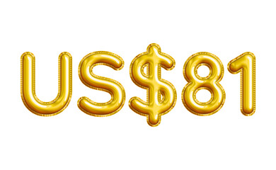 US$81 or Eighty-one Dollar 3D Gold Balloon. You can use this asset for your content like as USD Currency, Flyer Marketing, Banner, Promotion, Advertising, Discount Card, Pamphlet and anymore.