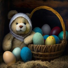 Fototapeta na wymiar Cute teddy with colorful Easter eggs in the basket and great Easter outfit AI Generated