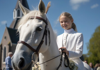 Obraz premium Holy church confirmation ceremony with young stylish teenager dressed for the big day, arriving on a white horse