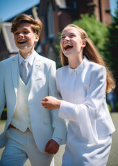 Holy church confirmation ceremony with young stylish teenager dressed for the big day