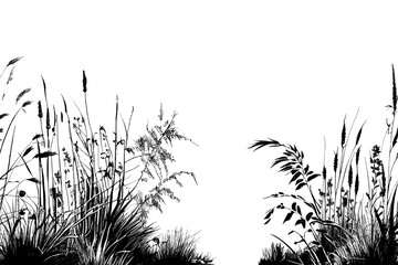 Image of a silhouette reed or bulrush on a white background.Monochrome image of a plant on the shore near a pond. - obrazy, fototapety, plakaty