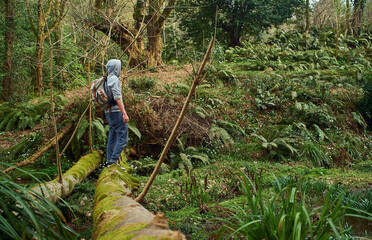 man with a backpack and a camera walking in the forest